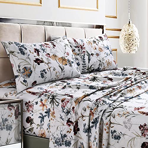 Tribeca Living Bettwäsche-Set für Kingsize-Bett, Fadenzahl 300, weicher Baumwollsatin, Blumendruck mit extra tiefen Taschen, 4-teiliges Bettwäsche-Set, Amalfi Deep Red/Multi von Tribeca Living