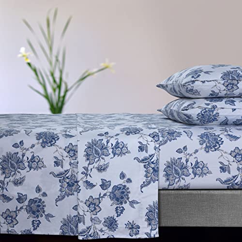 Tribeca Living Ayana Floral Bettlaken aus Flanell, extra tief, 170 g/m², Blau von Tribeca Living