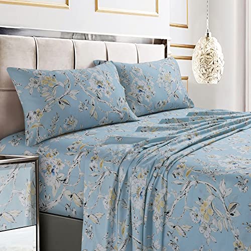 Tribeca Living Bettwäsche-Set, große Doppelbett-Größe (King Size), Fadenzahl 300, weicher Baumwollsatin, Blumendruck, extra Tiefe Taschen, 4-teilig, Blau (Colmar Sky Blue)/Mehrfarbig Tribeca Living Bettwäsche-Set, große Doppelbett-Größe (King Size), Fadenzahl 300, weicher Baumwollsatin, Blumendruck, extra Tiefe Taschen, 4-teilig, Blau (Colmar Sky Blue)/Mehrfarbig von Tribeca Living