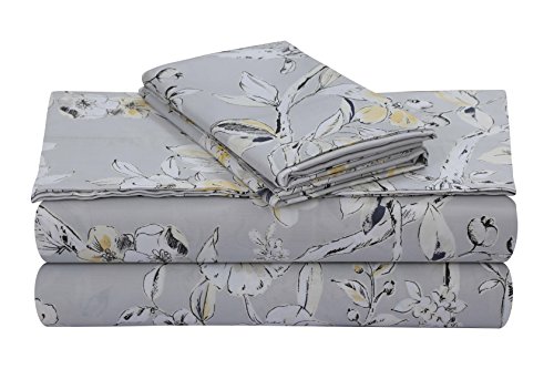 Tribeca Living Bettwäsche-Set, Fadenzahl 300, weicher Baumwollsatin, Blumendruck mit extra tiefen Taschen, 4-teiliges Bettwäsche-Set, Colmar Silbergrau/Mehrfarbig von Tribeca Living