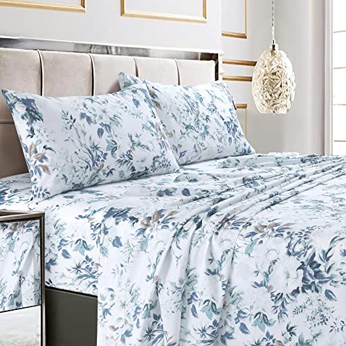 Tribeca Living Bettwäsche-Set, große Doppelbett-Größe (King Size), Fadenzahl 300, weicher Baumwollsatin, Blumendruck, extra Tiefe Taschen, 4-teiliges Bettwäsche-Set, Blau (Vernazza Blue)/Mehrfarbig Tribeca Living Bettwäsche-Set, große Doppelbett-Größe (King Size), Fadenzahl 300, weicher Baumwollsatin, Blumendruck, extra Tiefe Taschen, 4-teiliges Bettwäsche-Set, Blau (Vernazza Blue)/Mehrfarbig von Tribeca Living