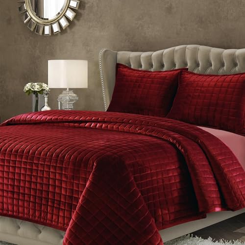 Tribeca Living FLORENCEQUIKIBU Florence Velvet Oversized Solid Quilt Set, King, Burgundy von Tribeca Living