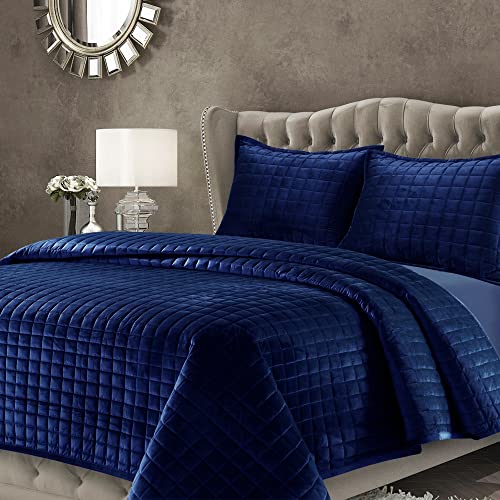 Tribeca Living Bettwäsche-Set für King-Size-Betten aus Samt, dreiteiliges Bettwäsche-Set mit Einer übergroßen Steppdecke und Zwei Kissenbezügen, 260 g/m² superweicher Samt, Florenz/Marineblau von Tribeca Living