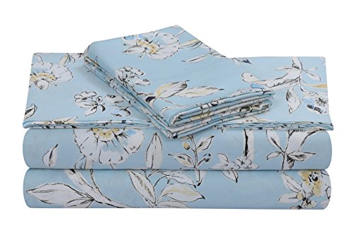 Tribeca Living Bettwäsche-Set, Doppelbett-Größe (Queen Size), Fadenzahl 300, weicher Baumwollsatin, Blumendruck, extra Tiefe Taschen, 4-teiliges Bettwäsche-Set, Blau (Colmar Sky Blue)/Mehrfarbig von Tribeca Living