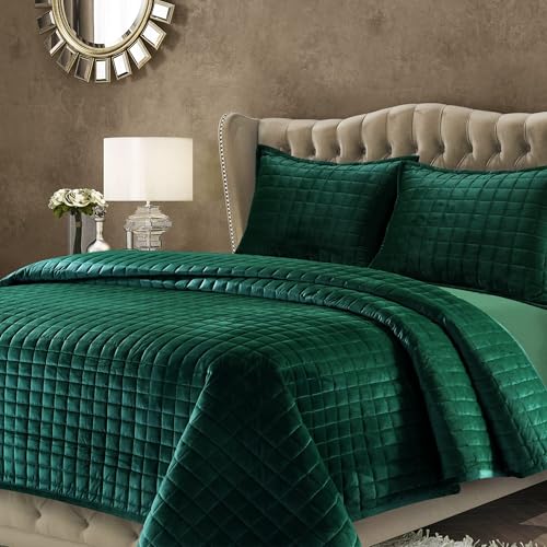 Tribeca Living Samt Queen-Bettwäsche-Set, dreiteiliges Boxstich-Bettwäsche-Set, inklusive übergroßer Steppdecke und Zwei Kissenbezügen, 260 g/m², superweicher Samt, Smaragdgrün von Tribeca Living