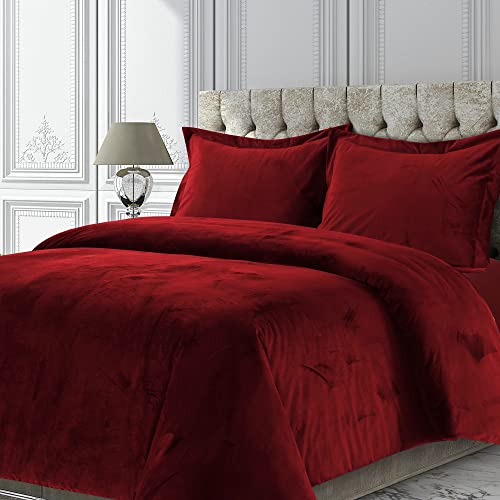 Tribeca Living VENICEDUVET Venice Velvet Oversized Solid Duvet Set, 3-teilig, Queen, Burgunderrot von Tribeca Living