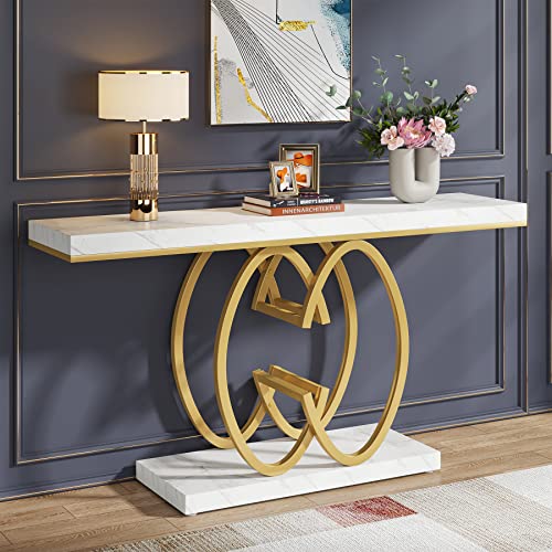 Tribesigns 140 cm Gold Konsolentisch, Moderner Eingangsbereich, Flurtisch mit geometrischem Metallsockel, Faux Marmor Weiß Holz Sofatisch Foyertisch für Wohnzimmer, Weiß und Gold von Tribesigns