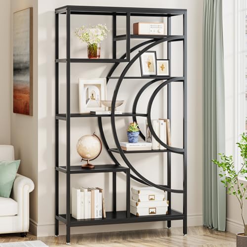 Tribesigns 179cm Geometrisches Bücherregal, Industrielles 8-stöckiges Bücherregale, Rustikales Bücherschrank mit Metallrahmen, hohes freistehendes offenes Lagerregal für Wohnzimmer (Schwarz, 1pc) von Tribesigns