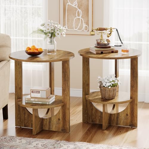 Tribesigns 2-er Set Beistelltisch Rund, 2-Tier Nachttisch für Wohnzimmer, 50 x 50 x 65 cm, Kleiner Couchtisch mit Stauraum für kleine Räume, Sofa Couch Schlafzimmer Braun von Tribesigns