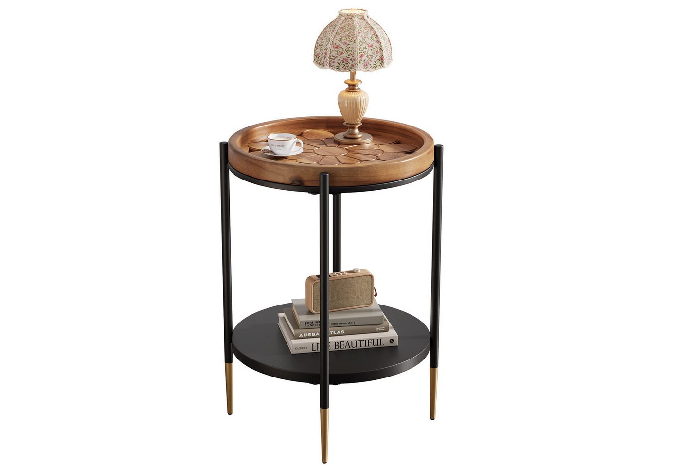 Tribesigns Beistelltisch 2-stöckiger Runder Couchtisch Massivholz Tischplatte und Metallbeine von Tribesigns
