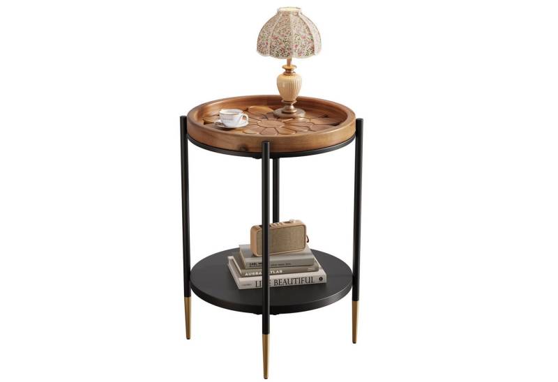 Tribesigns Beistelltisch 2-stöckiger Runder Couchtisch Massivholz Tischplatte und Metallbeine von Tribesigns