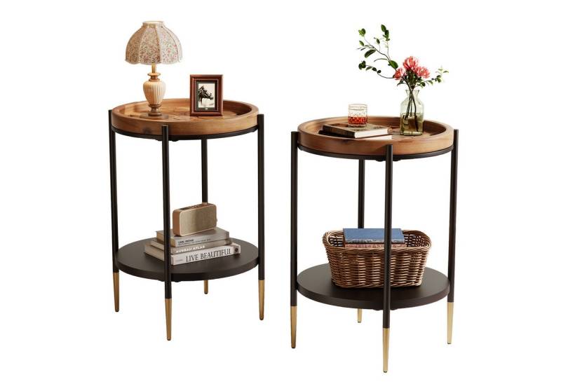 Tribesigns Beistelltisch 2-stöckiger Runder Couchtisch Massivholz Tischplatte und Metallbeine von Tribesigns
