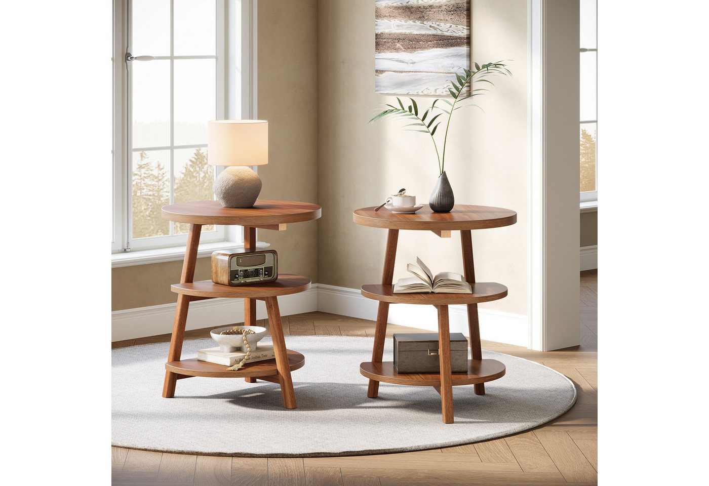 Tribesigns Beistelltisch Kleiner Tisch rund, Couchtisch mit Holzrahmen und 3 Ablagen von Tribesigns