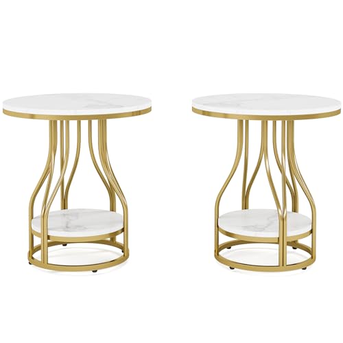 Tribesigns Beistelltisch Rund Weißgold Beistelltisch 2er Set, 2-stöckiger Beistelltisch Modern Nachttisch Kleiner Beistelltisch mit Stauraum Sofa Beistelltisch mit Metallgestell für Wohnzimmer von Tribesigns