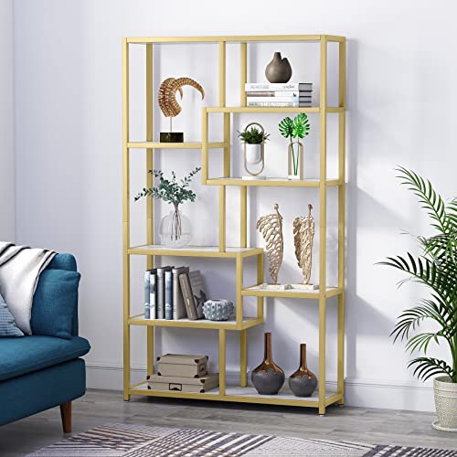 Tribesigns Bücherregal, Büroregal mit 8 offene Ablagen, Regal mit Metallrahmen, Bücherregal mit Faux Marmor, Moderne Gold Standregal für Wohnzimmer, Arbeitszimmer, Büro,100 x 30 x 180 cm (weiß+Gold) von Tribesigns