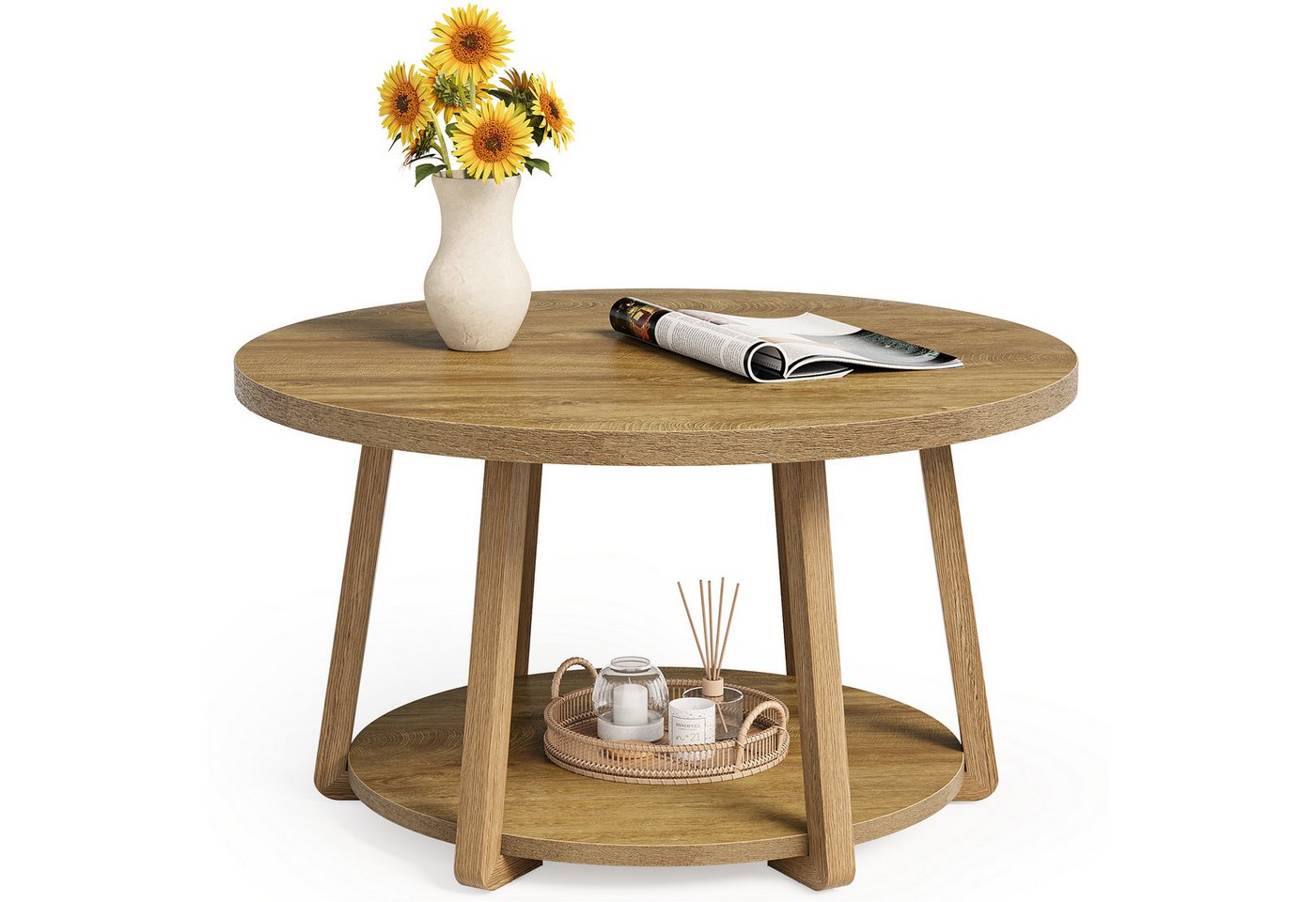 Tribesigns Couchtisch Runder Kaffeetisch 80 cm 2-stöckig mit Stauraum Holzbeinen von Tribesigns