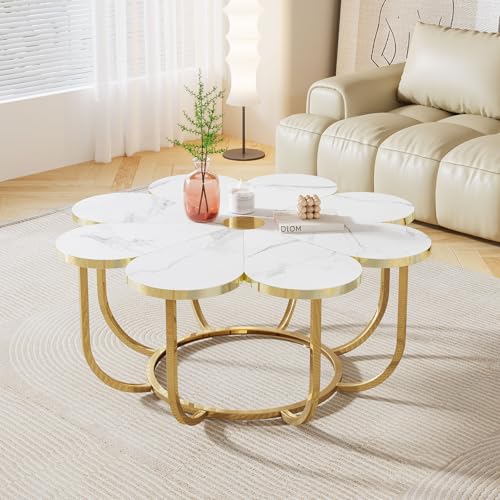 Tribesigns Couchtisch in Weiß und Gold, Moderner Couchtisch in Blumenform mit Tischplatte aus Kunstmarmor, 100cm Großer Floraler Akzenttisch mit Metallrahmen, Wohnzimmertisch, Sofatisch for Wohnzimmer Tribesigns Couchtisch in Weiß und Gold, Moderner Couchtisch in Blumenform mit Tischplatte aus Kunstmarmor, 100cm Großer Floraler Akzenttisch mit Metallrahmen, Wohnzimmertisch, Sofatisch for Wohnzimmer von Tribesigns