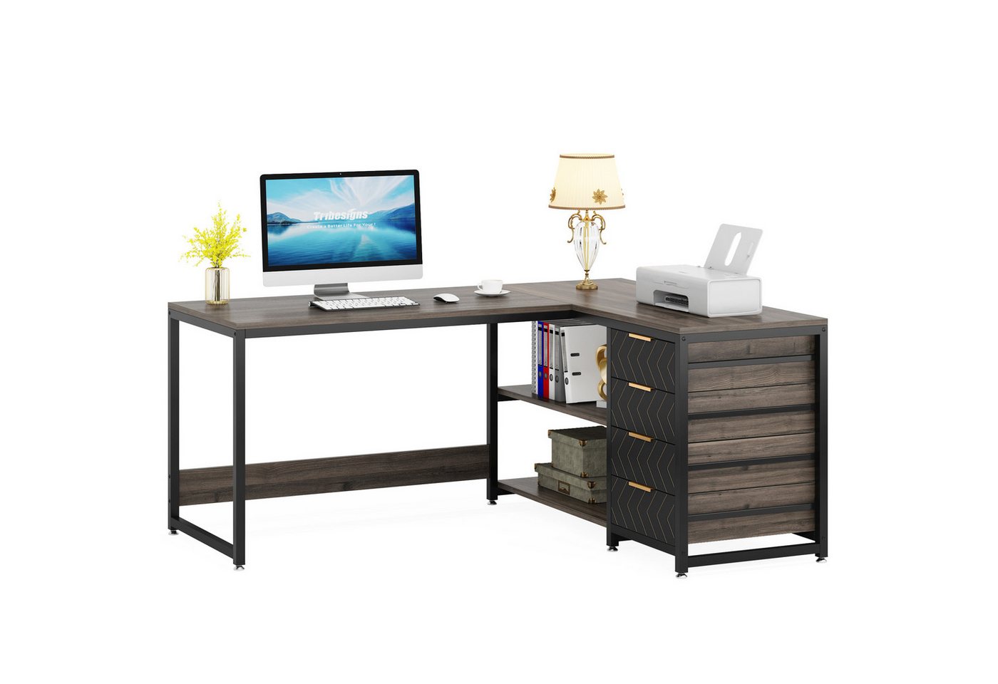 Tribesigns Eckschreibtisch Schreibtisch mit Regalen, L-förmiger Computertisch mit 4 Schubladen Tribesigns Eckschreibtisch Schreibtisch mit Regalen, L-förmiger Computertisch mit 4 Schubladen von Tribesigns