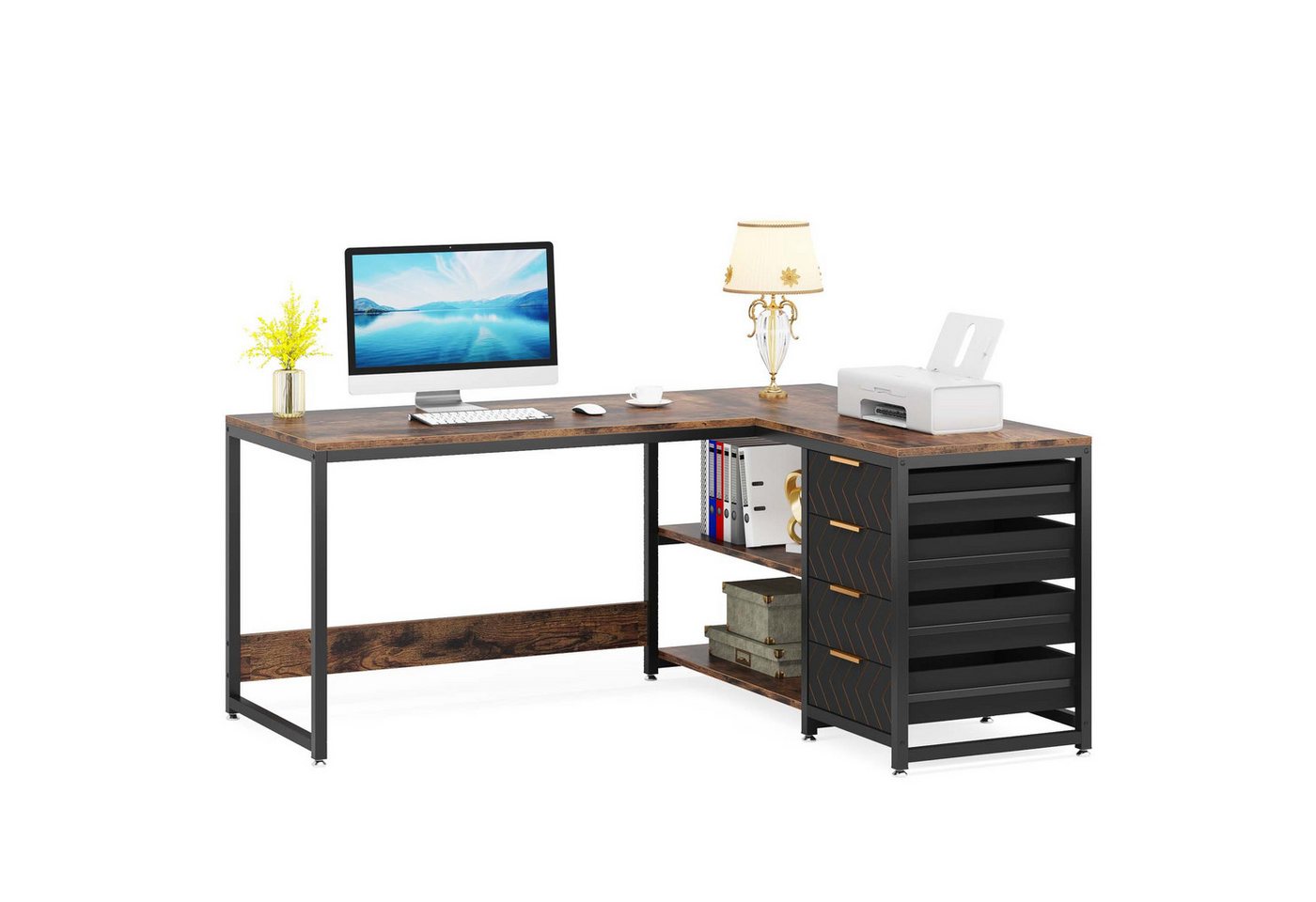 Tribesigns Eckschreibtisch Schreibtisch mit Regalen, L-förmiger Computertisch mit 4 Schubladen Tribesigns Eckschreibtisch Schreibtisch mit Regalen, L-förmiger Computertisch mit 4 Schubladen von Tribesigns