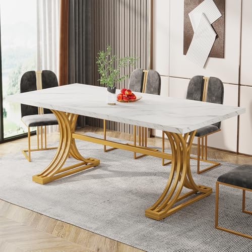 Tribesigns Esstisch für 4 bis 6 Personen, 160 x 80 cm, moderner Küchentisch mit Tischplatte aus Kunstmarmor und stilvollen Metallbeinen, große Esstische für Esszimmer, Küche, Weiß und Gold von Tribesigns