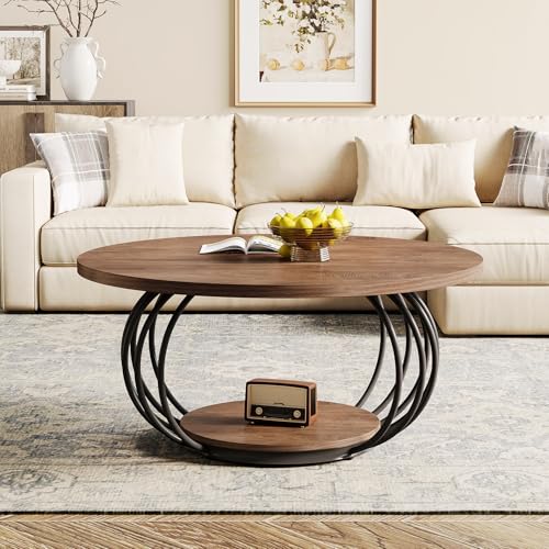 Tribesigns Runder Couchtisch mit Stauraum, 2-stöckiger Metallrahmen, 100 x 100 x 46 cm, Holzmaserung, moderner Wohnzimmer-Mitteltisch von Tribesigns