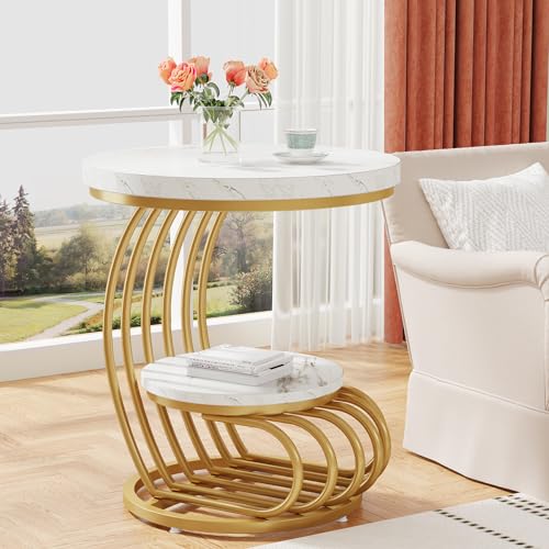 Tribesigns Goldener runder Beistelltisch: 2-stufiger Beistelltisch im 2er-Set mit Ablagefach, moderner Nachttisch in Weißgold, Akzenttisch aus Metallimitatmarmor für das Wohnzimmer (1pc) von Tribesigns