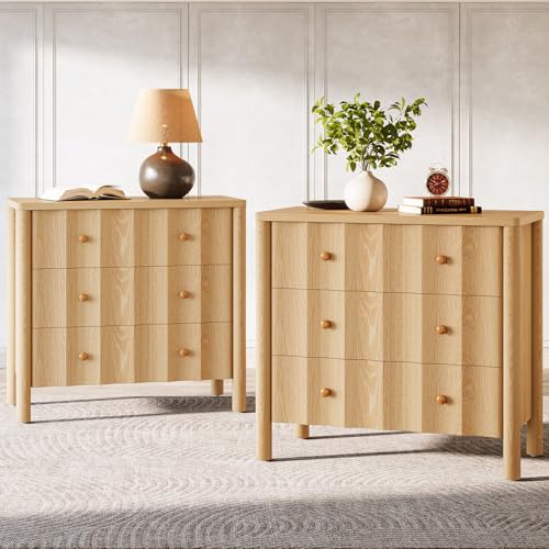 Tribesigns Nachttisch 2er-Set mit 3 Schubladen, Schlichter Beistelltisch mit gewellter Front, Nachtschrank für Schlafzimmer, Wohnzimmer 80 x 40 x 75 cm (helle Eichenfarbe) von Tribesigns