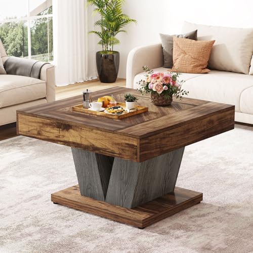 Tribesigns Quadratischer Couchtisch, Holz-Mitteltisch für Wohnzimmer, 80 cm, moderner Cocktail-Tee-Akzenttisch, rustikales Braun und Schwarz von Tribesigns