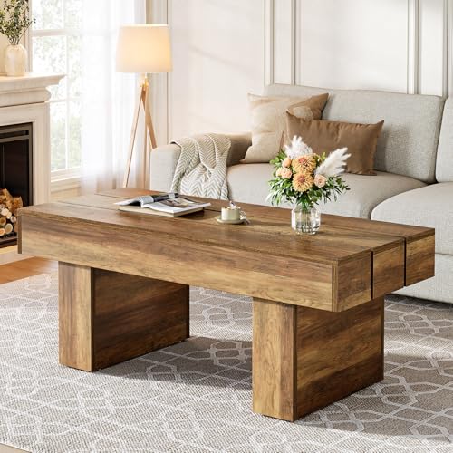 Tribesigns Rechteckiger Couchtisch, 120 cm, Bauernhaus-Mitteltisch mit Lattenplatte und dickem Boden, rustikaler Cocktail-Teetisch aus Holz für Wohnzimmer, Wohnung, Braun von Tribesigns