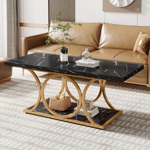 Tribesigns Rechteckiger Couchtisch, Moderner wohnzimmertisch, 2-stöckiger Coffee Table aus Kunstmarmor, mit geometrischen Beinen, Möbel mit Ablagefach Schwarz und Gold von Tribesigns