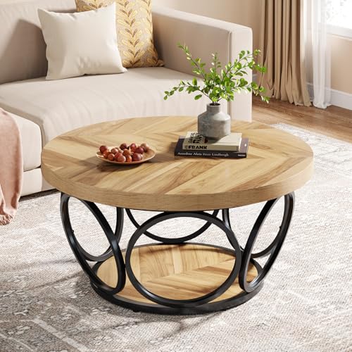Tribesigns Runder Couchtisch, 80 cm Runder Holztisch, Bauernhaus Große Runde wohnzimmertisch mit 2-Ebenen Lagerung, Moderne Einfache Braune Teetisch (Holzmaserung) von Tribesigns