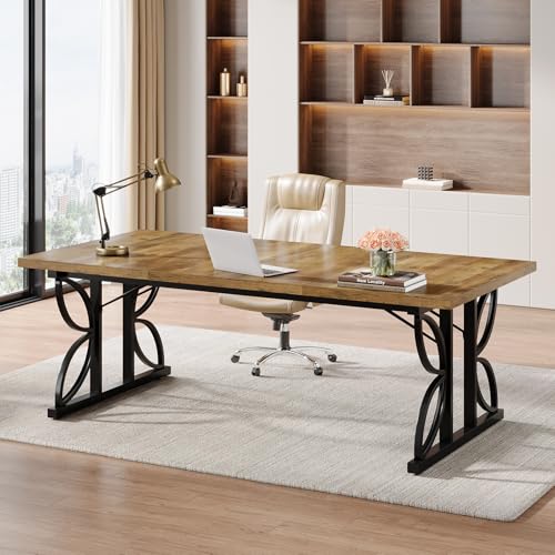 Tribesigns Schreibtisch, 180 x 80 x 75 cm Großer Büro-Computertisch mit robustem Metallgestell, Industrie Bürotisch Arbeitstisch, Konferenztisch Chefschreibtisch für Heimbüro, Braun & Schwarz von Tribesigns