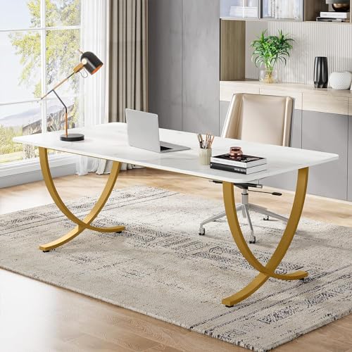 Tribesigns Schreibtisch Computertisch, 160 x 80 x 75 cm Modern PC Tisch Bürotisch Arbeitstisch Esstisch mit Tischplatte aus Kunstmarmor und Metallbeinen für Home Office, Konferenztisch, Weiß & Gold von Tribesigns
