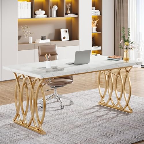Tribesigns Schreibtisch Computertisch, 160 x 80 x 75 cm Modern PC Tisch Bürotisch Arbeitstisch Esstisch mit goldenem Beine für Home Office zu Hause Schreibtische, Konferenztisch, Weiß & Gold von Tribesigns