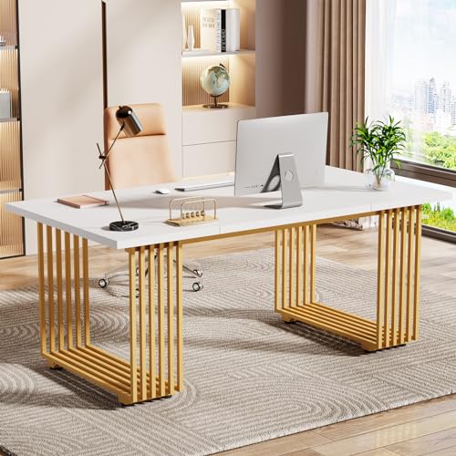 Tribesigns Schreibtisch Computertisch, 180 x 80 x 78 cm Modern Bürotisch PC Tisch Arbeitstisch Esstisch mit goldenem Beine für Home Office zu Hause Schreibtische, Konferenztisch (Weiß & Gold) von Tribesigns
