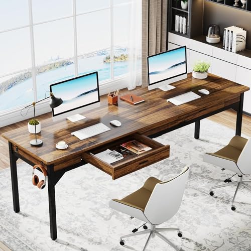 Tribesigns Schreibtisch Computertisch 200 x 60 x 82 cm, Doppelter Langer Schreibtisch mit 2 Schubladen, PC Tisch Bürotisch Arbeitstisch Esstisch Büro-Möbel Computertisch für Home Office, Braun von Tribesigns