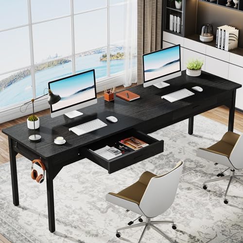 Tribesigns Schreibtisch Computertisch 200 x 60 x 82 cm, Doppelter Langer Schreibtisch mit 2 Schubladen, PC Tisch Bürotisch Arbeitstisch Esstisch Büro-Möbel Computertisch für Home Office, Schwarz von Tribesigns