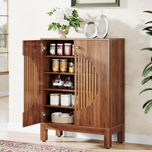 Tribesigns Sideboard Buffetschrank mit runden Lamellentüren, Bauernhaus-Küchenaufbewahrung mit abnehmbaren Regalen, 5-stöckiger Holzakzentschrank für Wohnzimmer, Esszimmer (braun) von Tribesigns