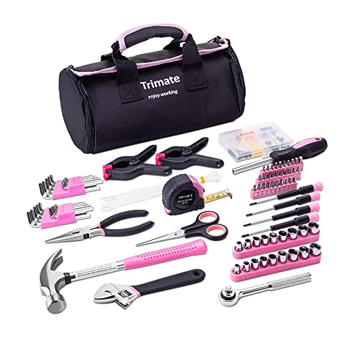 Haushalt Werkzeug Set, 86-teiliges mit Rolltasche, Trimate(Hammer, Schlüssel Set, Schraubendreher, Zange) – tolle für das Haus oder Auto (Rosa) von Trimate