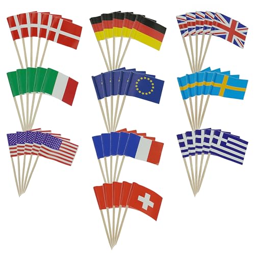 Trimming Shop 100 Stück Cocktail-Sticks Flaggen 10 Länder Flagge Zahnstocher Kuchen Topper Kleine Cocktail Obst Stick Picks Party Supplies Geschirr für Fußball WM 2022 Pub Royal Event Dekor von Trimming Shop