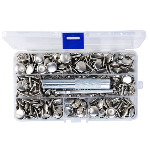 Trimming Shop 10mm Nieten Doppel Kappe Silber, Satz mit 100 Stück, Schnapphaken Verschlüsse mit 3-tlg. Befestigung Hand-Werkzeug Set für Leder Handarbeiten, Bekleidung Reparatur, Rostfrei, aus Messing von Trimming Shop