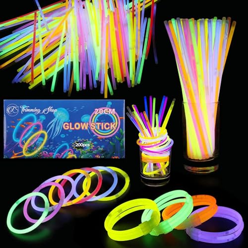 Trimming Shop 200 Stück Premium-Leuchtstäbe, Partyset mit Anschlüssen, 8 Zoll, mehrfarbige Leuchtstäbe zur Herstellung von Neonhalsketten, leuchtenden Armbändern, Stirnbändern, Brillen, Partyzubehör von Trimming Shop