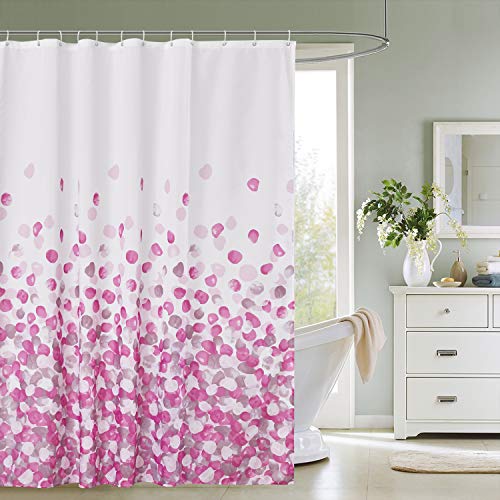 Trimming Shop Duschvorhang Polyester-Gewebe-Badezimmer-Vorhang mit 12 Gardinenhaken Wasserdichter Bad 180cm x 200cm Langer Duschvorhang-Einsatz waschbar, Rosa Floral von Trimming Shop