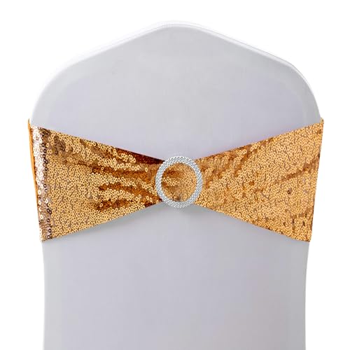 Trimming Shop Lycra Spandex Stuhl Gummiband mit Schnalle für Stuhlbezug - Elastisch Schärpe für Hochzeit Empfang und Party Dekoration - Pailletten Gold, 1 von Trimming Shop