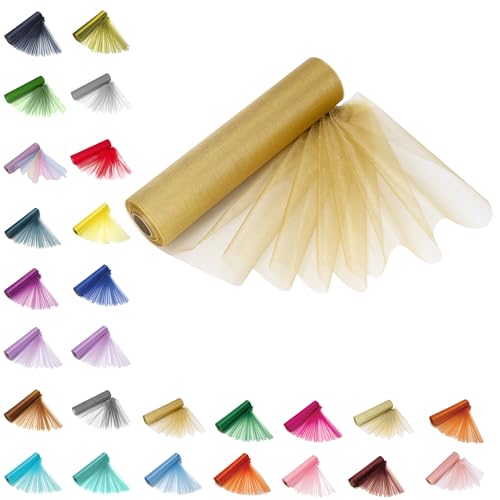 Trimming Shop Organza Roll Sheer Stoff, 25m x 29cm Tischläufer, Deko-Tuch, Tüll-Rollstoff für Stuhlbogen, Schärpe, Party Deko, DIY Handwerk, Band Floristry, Gold von Trimming Shop