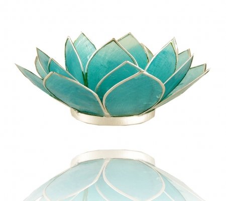 Trimontium TL12005S Teelichthalter in Form Einer dreiblättrigen Lotusblüte, Durchmesser Circa 14 cm, Capiz-Muschel, Info, Aluminium, Türkis, ca. 14 x 14 x 5 cm von Trimontium