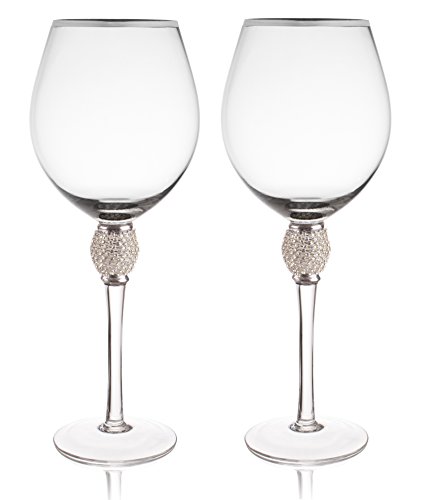 Trinkware Set mit 2 Weingläsern – Strass-Diamanten besetzt mit silberfarbenem Rand – langer Stiel, 473 ml, 25,4 cm hoch – elegante Glaswaren und Stielgläser von Trinkware