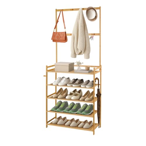 Trintion 5-lagiges Garderobe Kleiderständer mit Schuhablagen Garderobenständer mit Haken Spiegel Sitzbank Garderobe mit Haken 70 x 25 x 160 cm für Eingangsbereich Schlafzimmer Wohnzimmer von Trintion