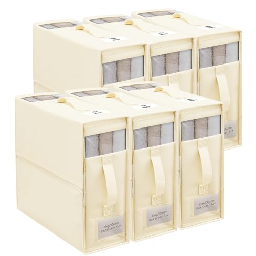 Trintion 6 Stück Bettwäsche Aufbewahrung Organizer Faltbare Aufbewahrungsbox mit Fenster & Etikett Unterbett Lagerung für King/Queen Bettlaken Decken Kleidung Staubdicht & Platzsparend (Beige) von Trintion