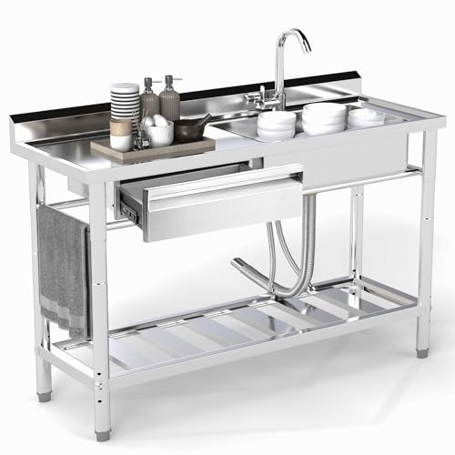 Trintion Freistehende Edelstahl Spültisch, 1 Becken mit Linke Schublade, Gewerbliche Spülbecken mit Kalt und Warmwasserschläuchen,Wasserhahn, für Waschküche,Bauernhaus, Innen- und Außenspüle (47 Zoll) von Trintion